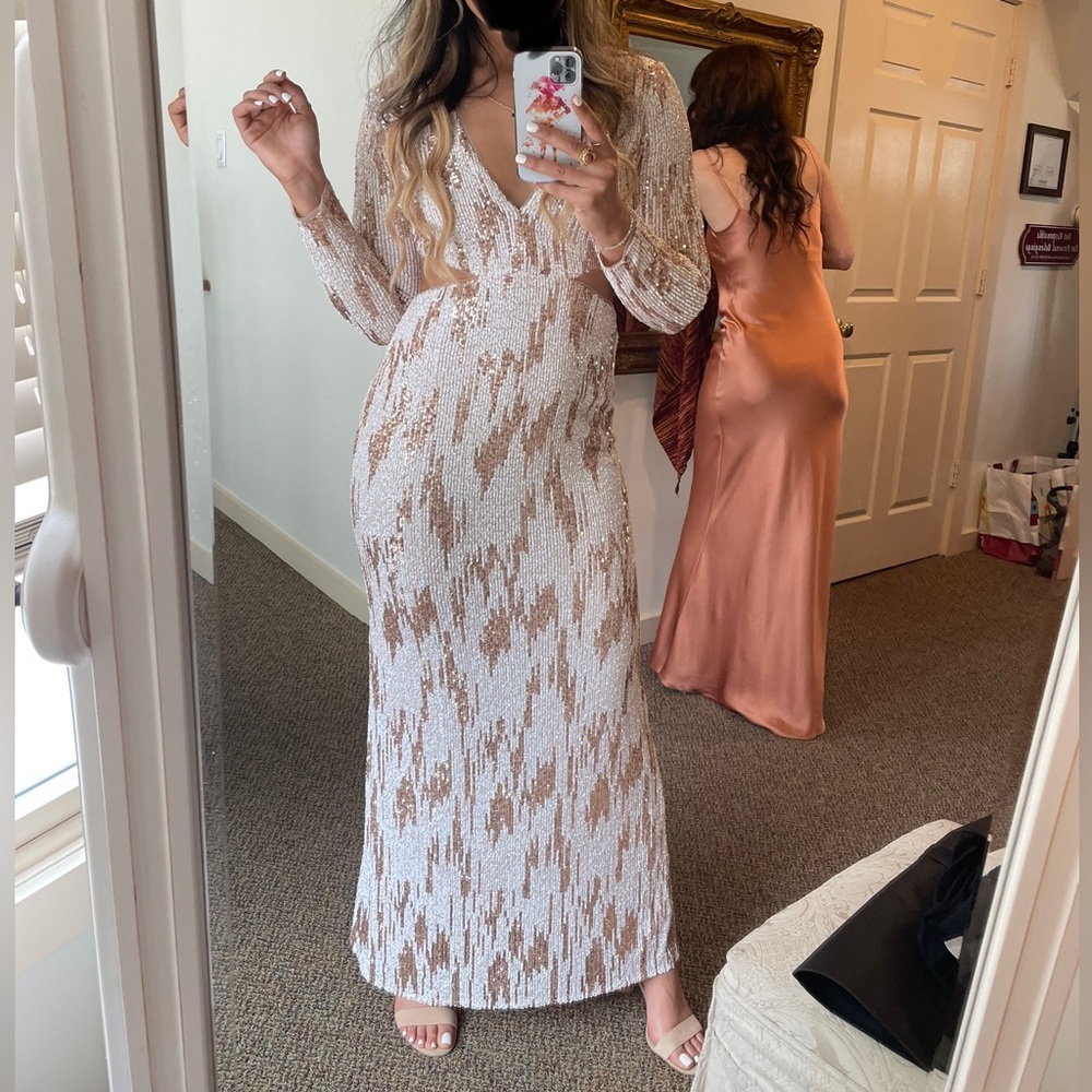 Jaded Rose exclusive sequin plunge maxi dress in cream and rose gold